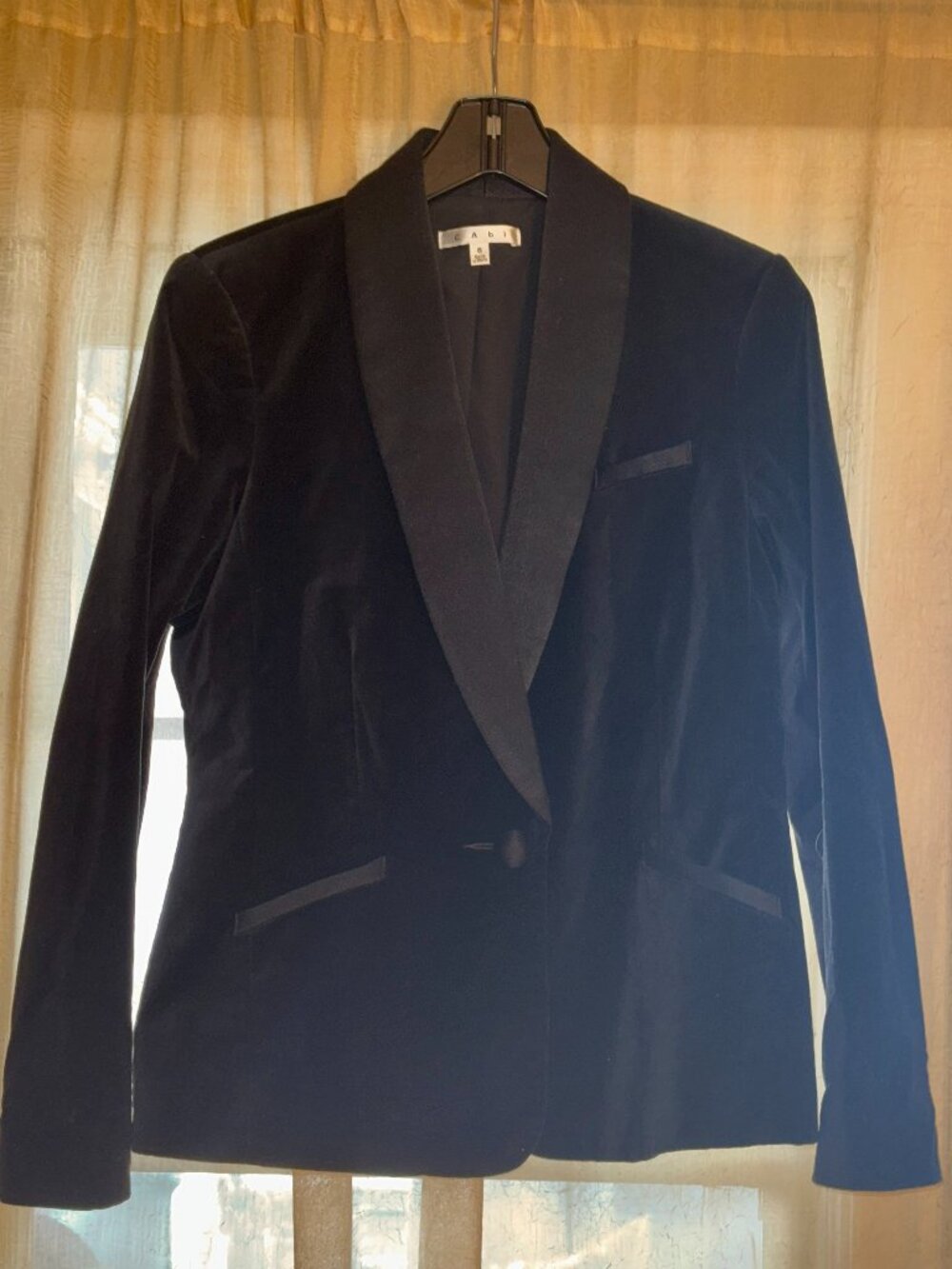 Cabi Women Cotton Velvet Blazer Black Satin Shawl Lapel Tuxedo Jacket Size 8